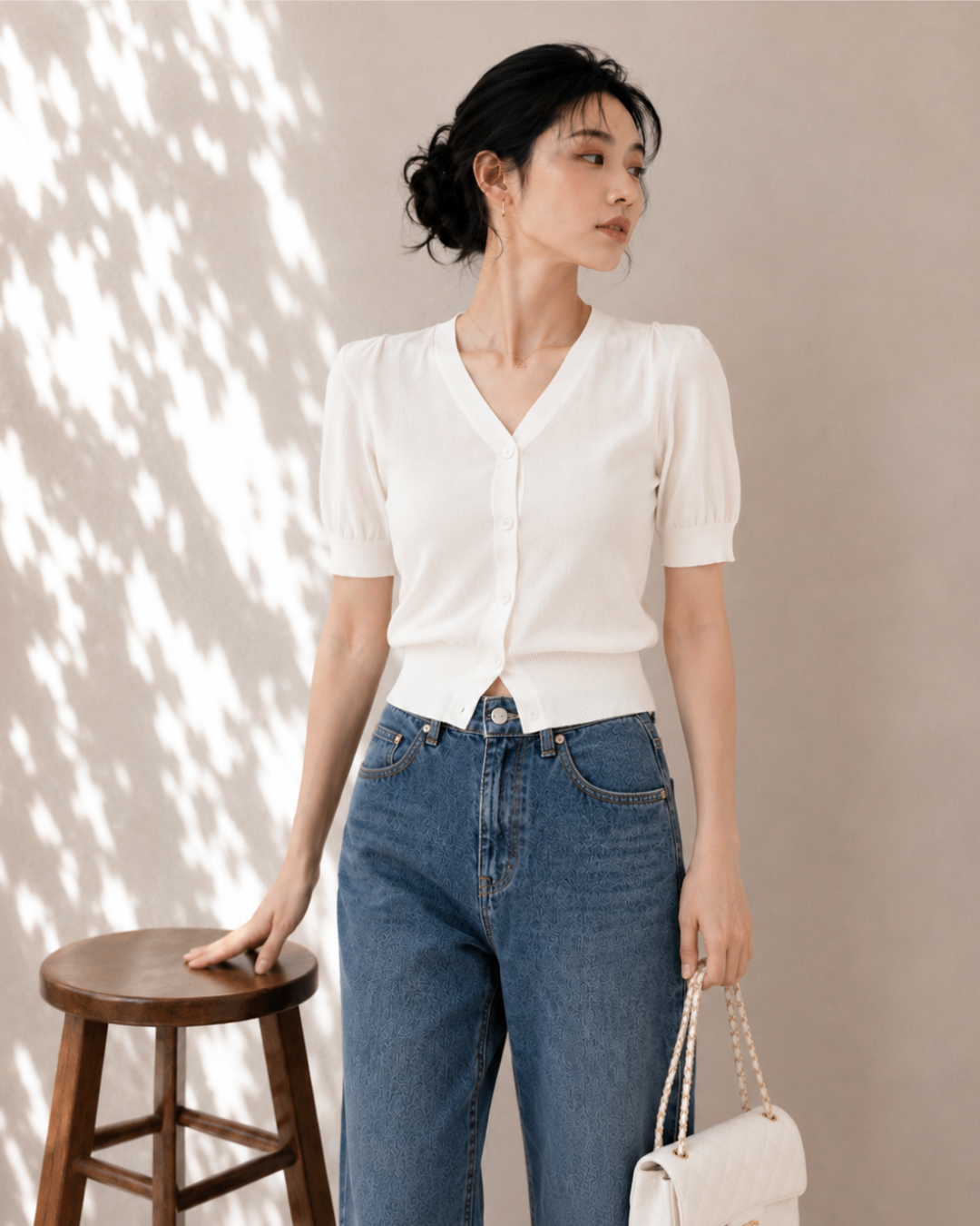 リブVネックカーディガントップス