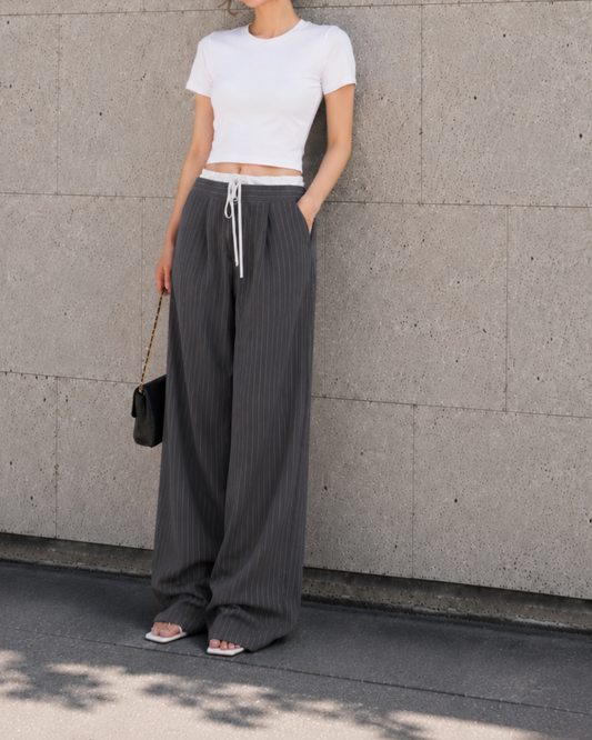 ピンストライプ ドローストリング ワイドパンツ(160㎝~165㎝の方向け)