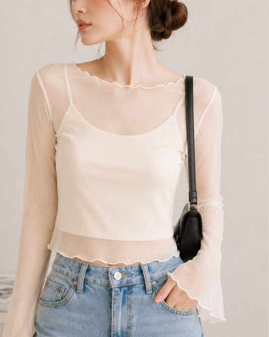 【Sheer Layered Long Sleeve Top Set】