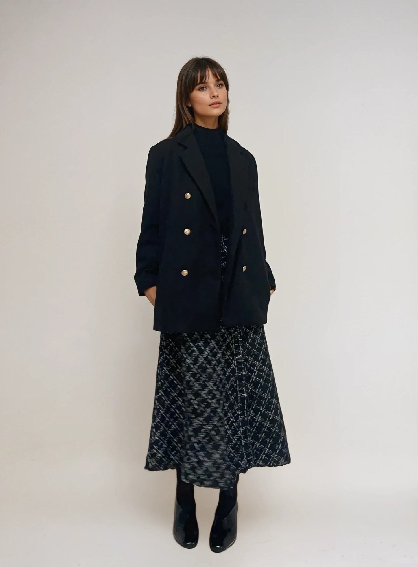 【2点SET】Fringe Tweed Flare Skirt × Soft Touch High Neck Knit