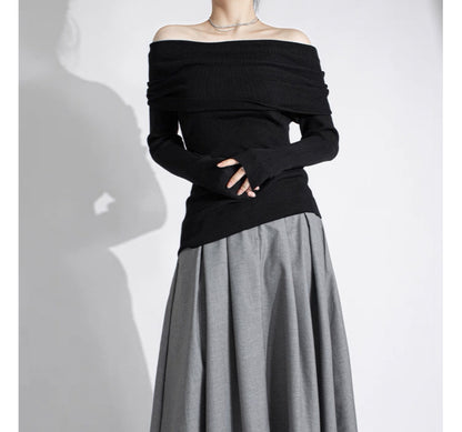 【Gray最短発送あり】Ribbed Off-Shoulder Pullover