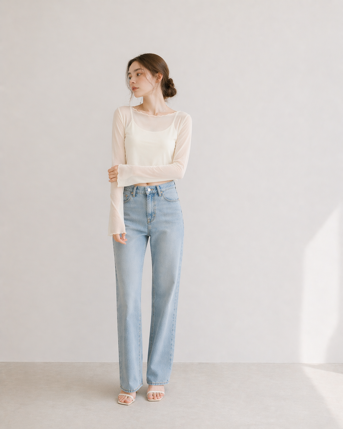 【Sheer Layered Long Sleeve Top Set】