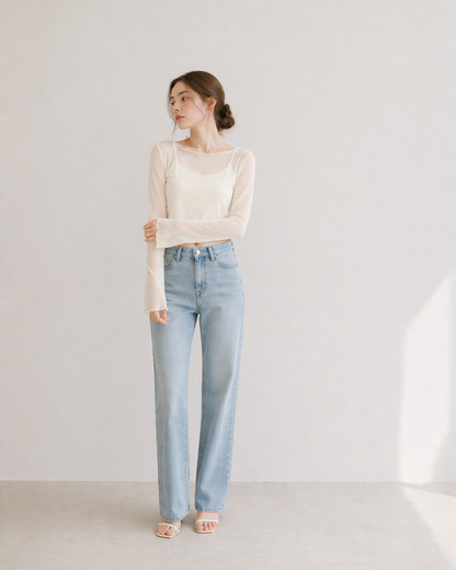 【Sheer Layered Long Sleeve Top Set】