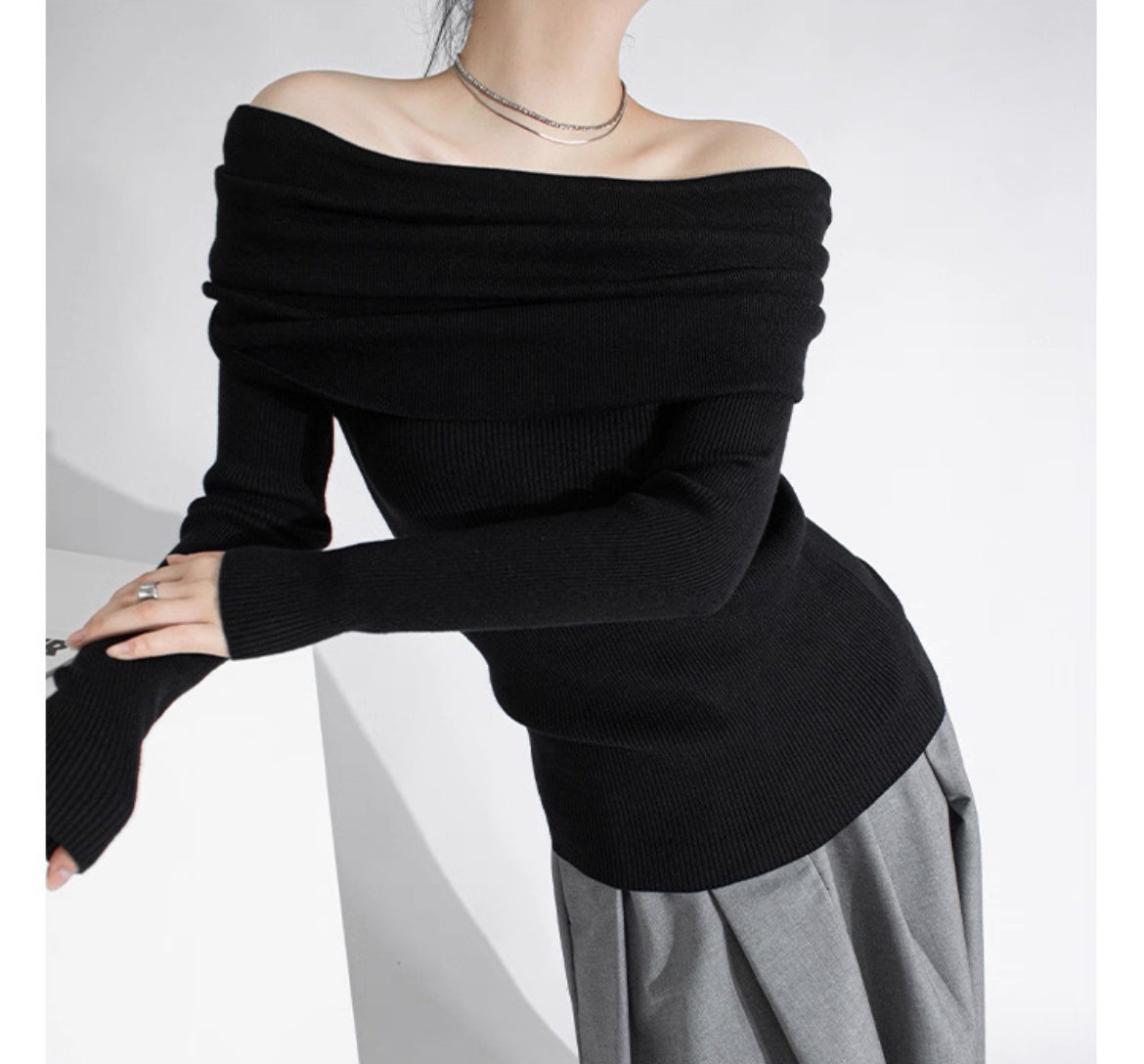 【Gray最短発送あり】Ribbed Off-Shoulder Pullover