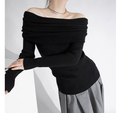 【Gray最短発送あり】Ribbed Off-Shoulder Pullover