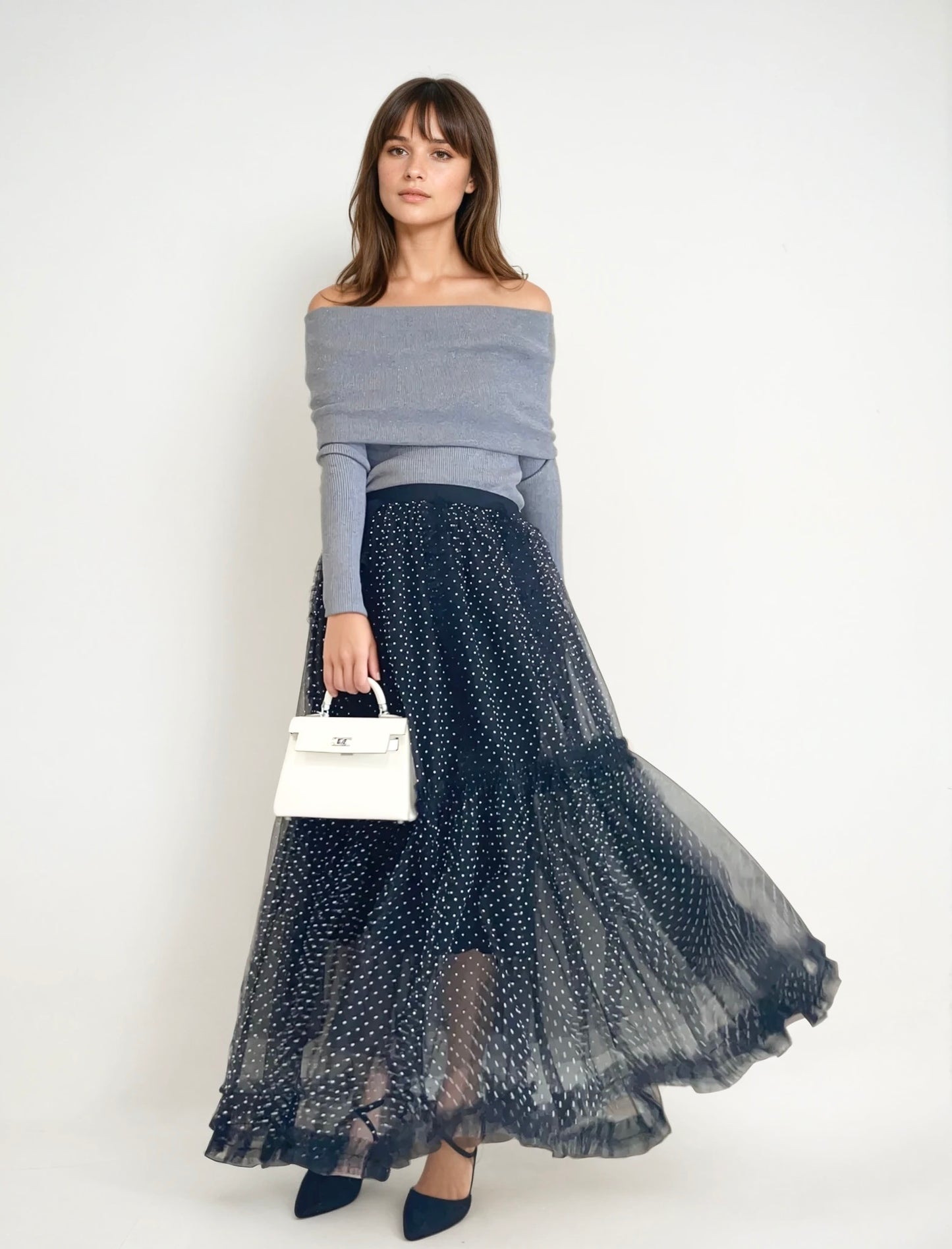 【Elegant Dot Tulle Layered Long Skirt】