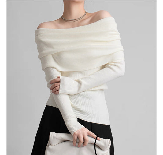 【Gray最短発送あり】Ribbed Off-Shoulder Pullover