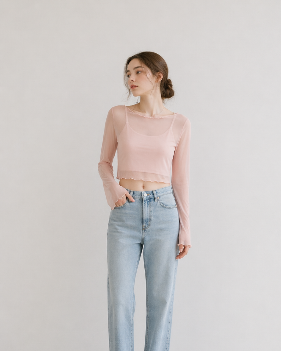 【Sheer Layered Long Sleeve Top Set】