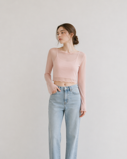 【Sheer Layered Long Sleeve Top Set】