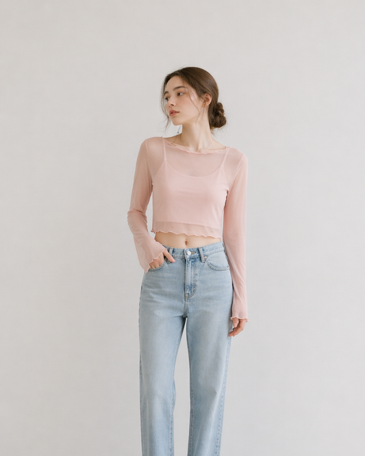 【Sheer Layered Long Sleeve Top Set】