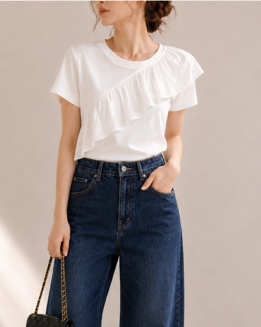アシンメトリーフリルデザインTシャツ