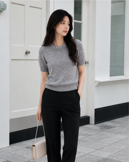 【最短発送Mサイズ】Bijou Neck 半袖ニットトップス