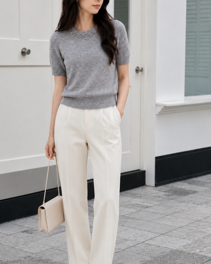 【最短発送Mサイズ】Bijou Neck 半袖ニットトップス