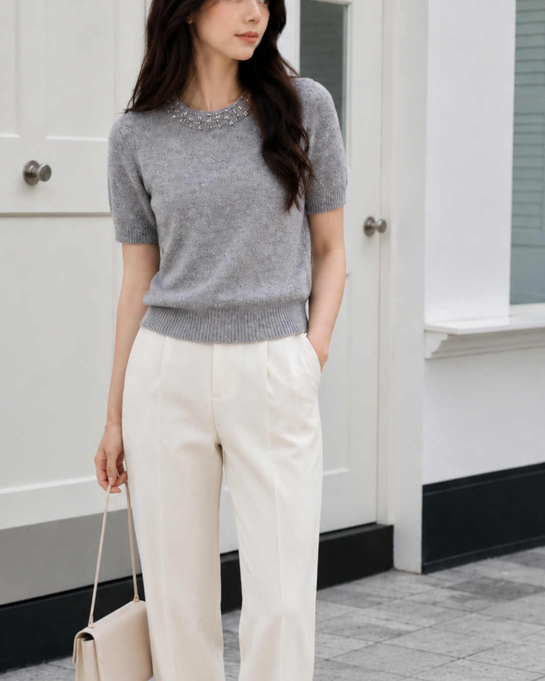 【最短発送Mサイズ】Bijou Neck 半袖ニットトップス