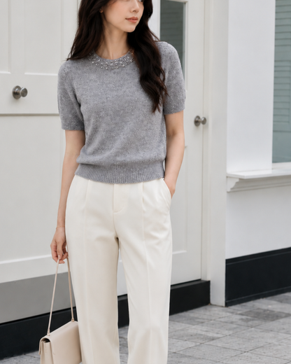 【最短発送Mサイズ】Bijou Neck 半袖ニットトップス