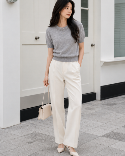 【最短発送Mサイズ】Bijou Neck 半袖ニットトップス
