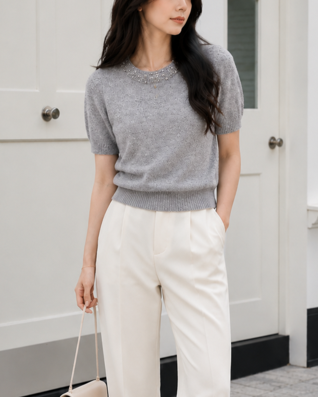 【最短発送Mサイズ】Bijou Neck 半袖ニットトップス