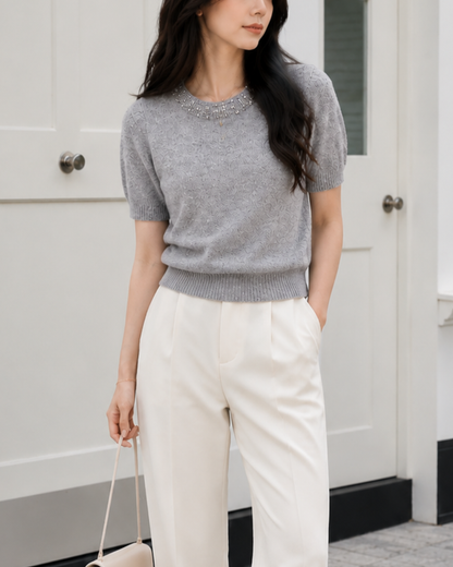 【最短発送Mサイズ】Bijou Neck 半袖ニットトップス