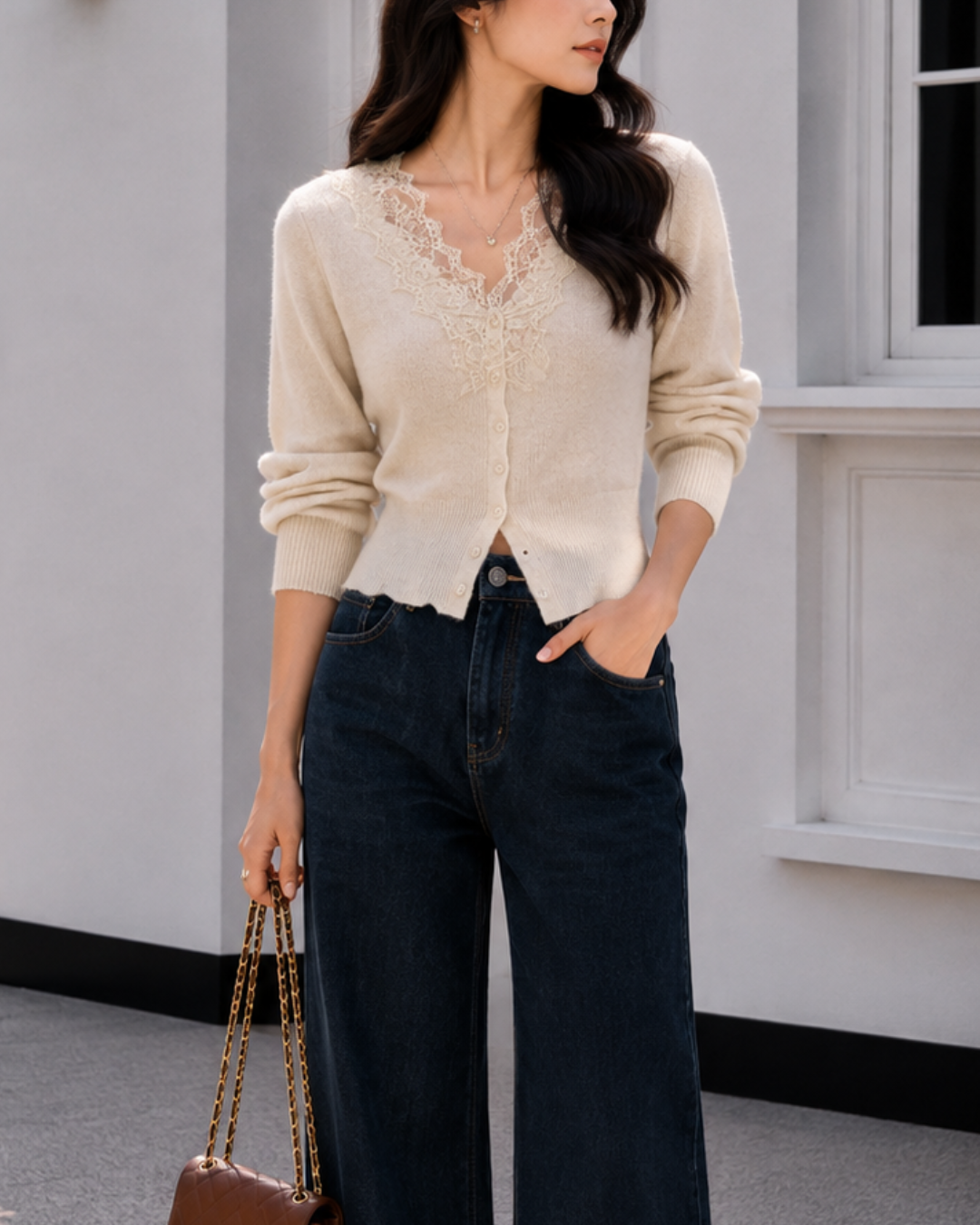 Lace Éclat レーストリムニットカーディガン