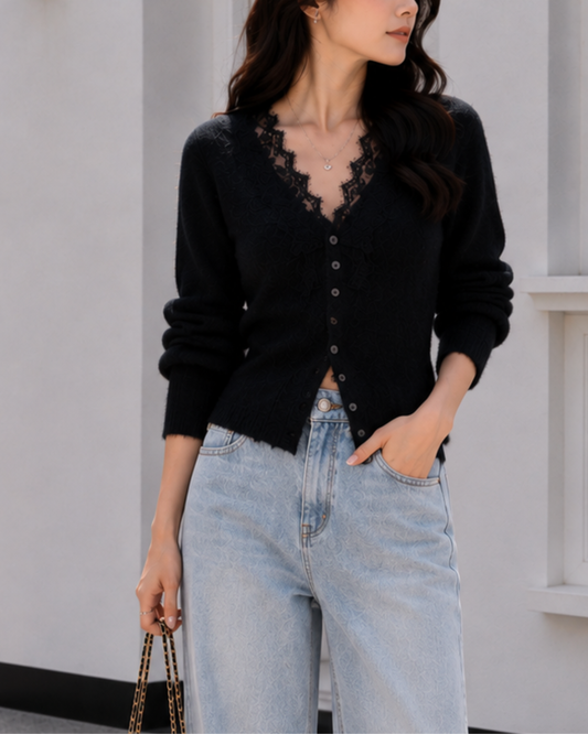 Lace Éclat レーストリムニットカーディガン