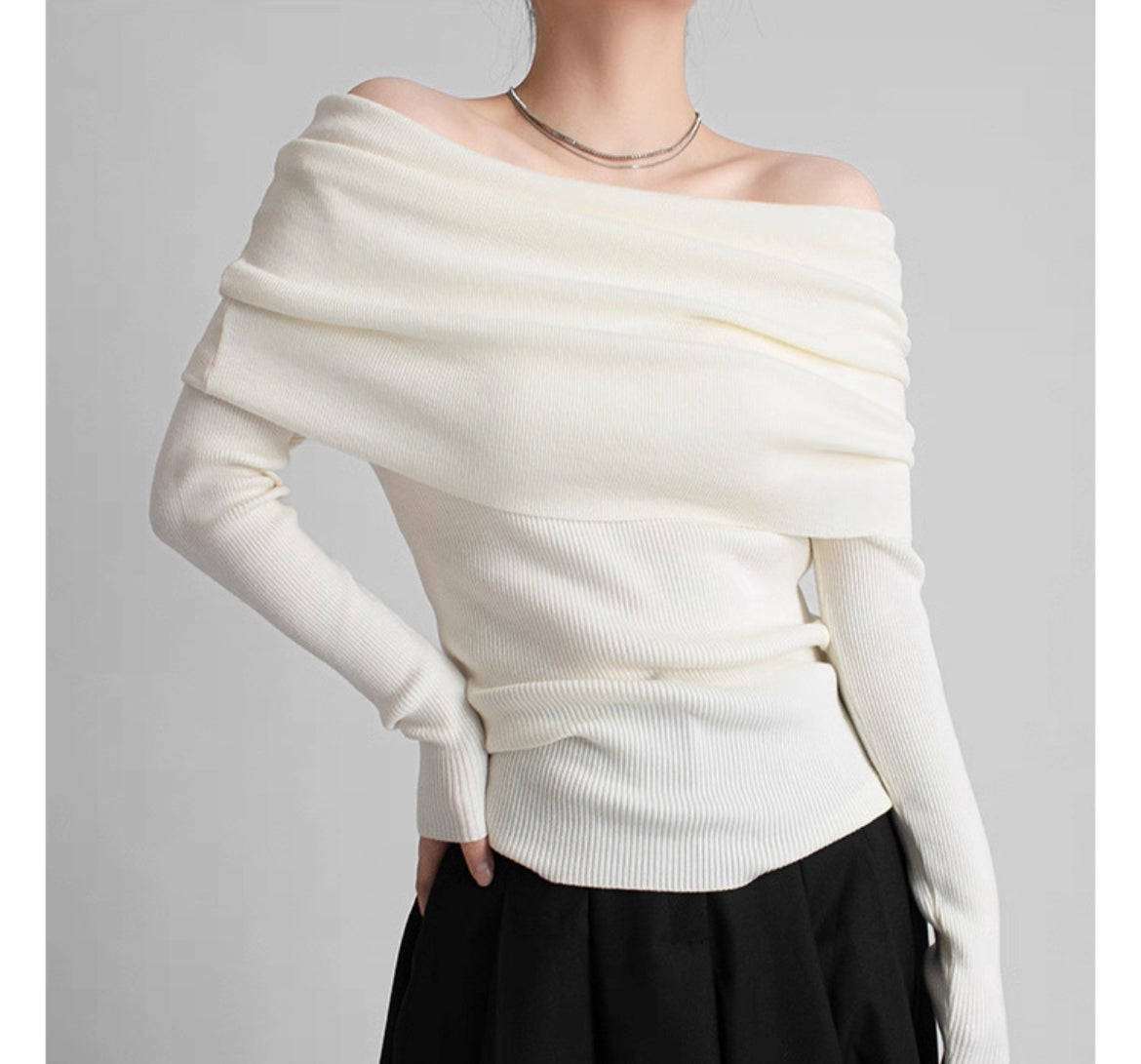 【Gray最短発送あり】Ribbed Off-Shoulder Pullover