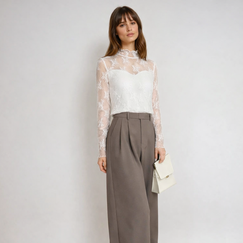 Elegant Sheer Lace High-Neck Top(裏起毛)