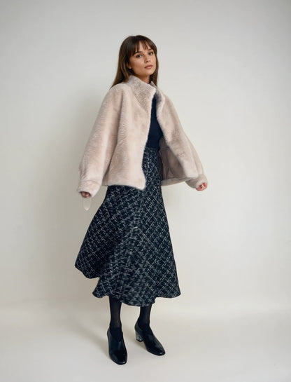 【2点SET】Fringe Tweed Flare Skirt × Soft Touch High Neck Knit