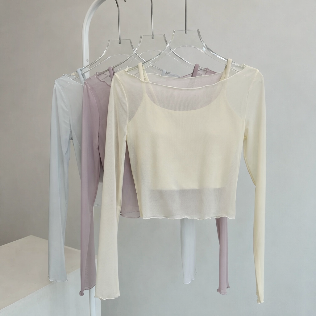 【Sheer Layered Long Sleeve Top Set】