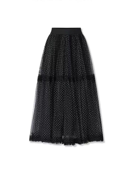 【Elegant Dot Tulle Layered Long Skirt】