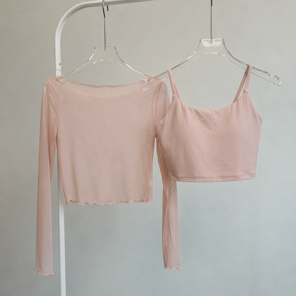 【Sheer Layered Long Sleeve Top Set】