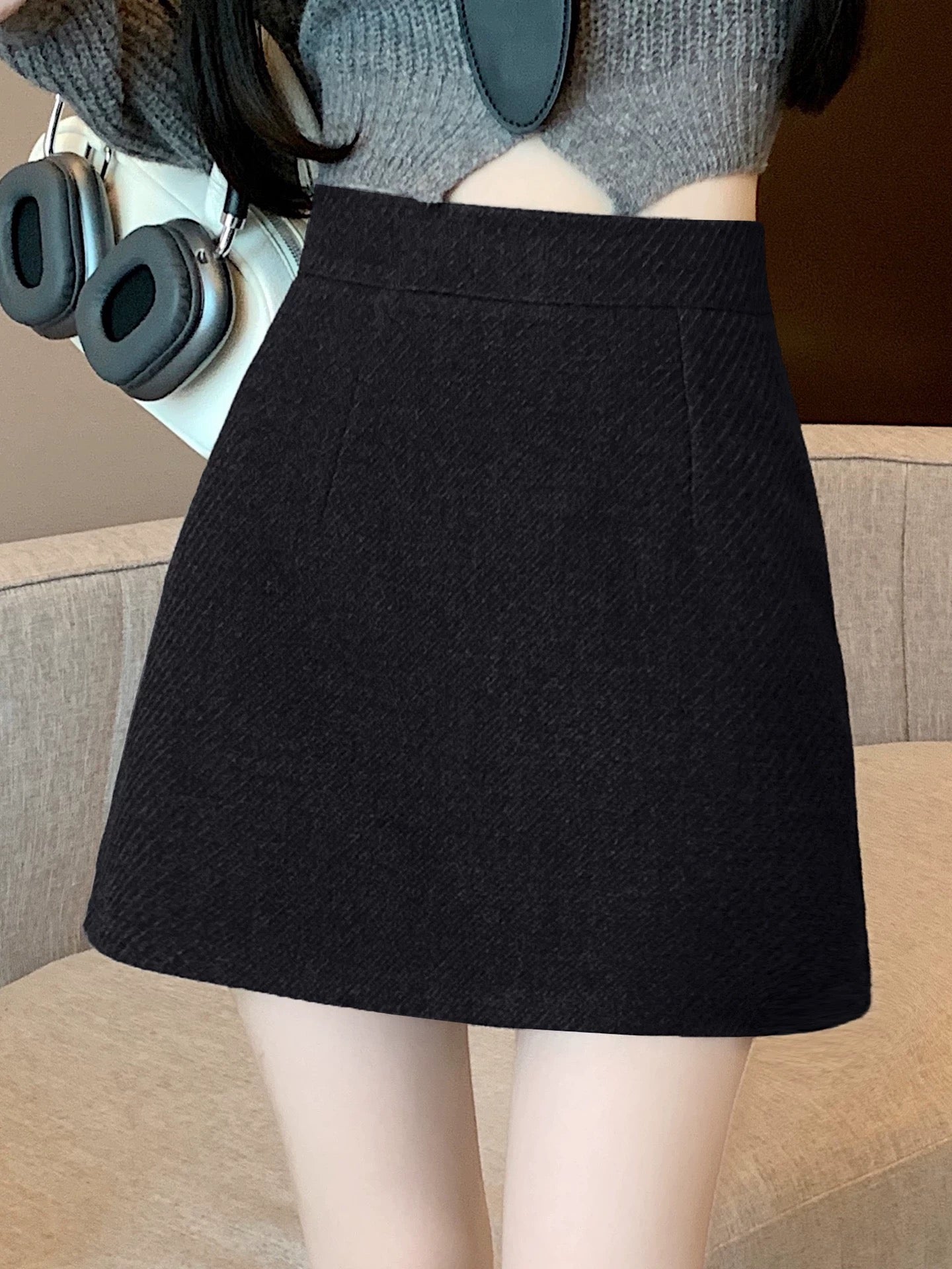 Wool-Like High-Waist A-Line Mini Skirt【Gray M 最短発送】