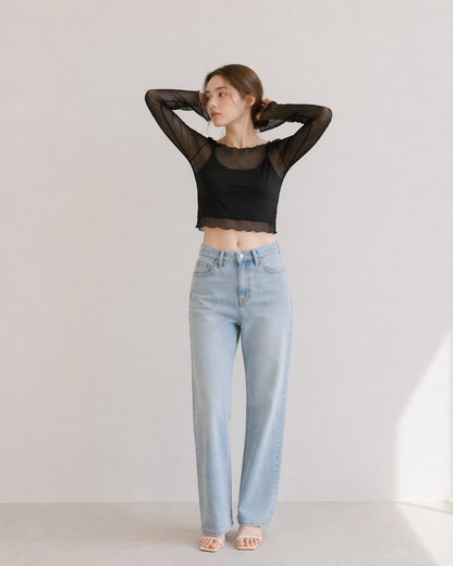 【Sheer Layered Long Sleeve Top Set】