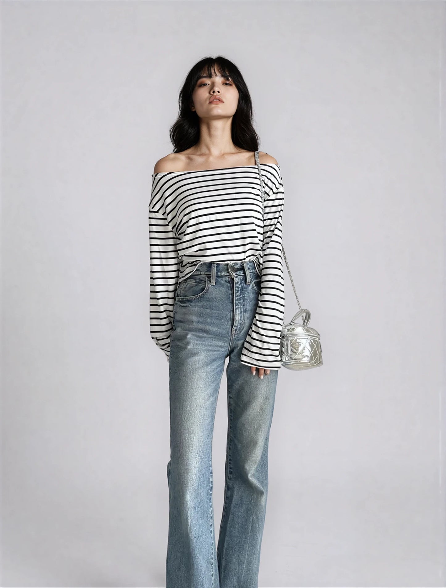 Off-Shoulder Border Long Sleeve Top
