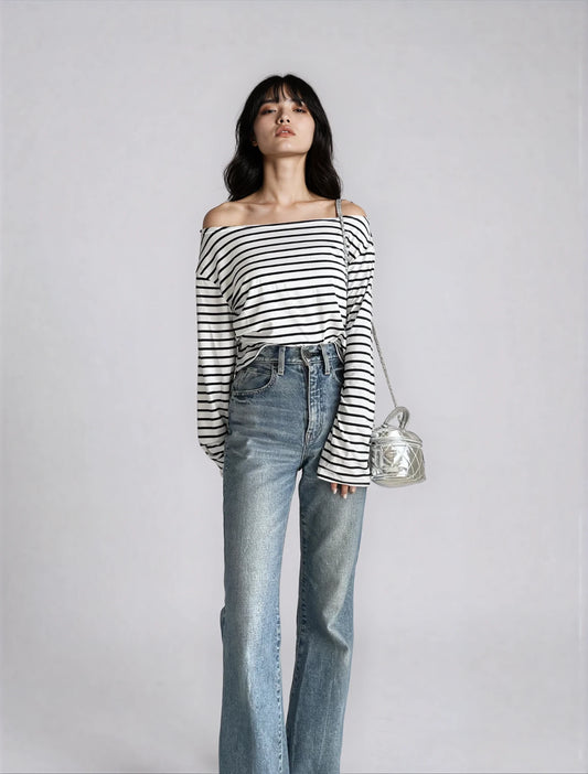 Off-Shoulder Border Long Sleeve Top