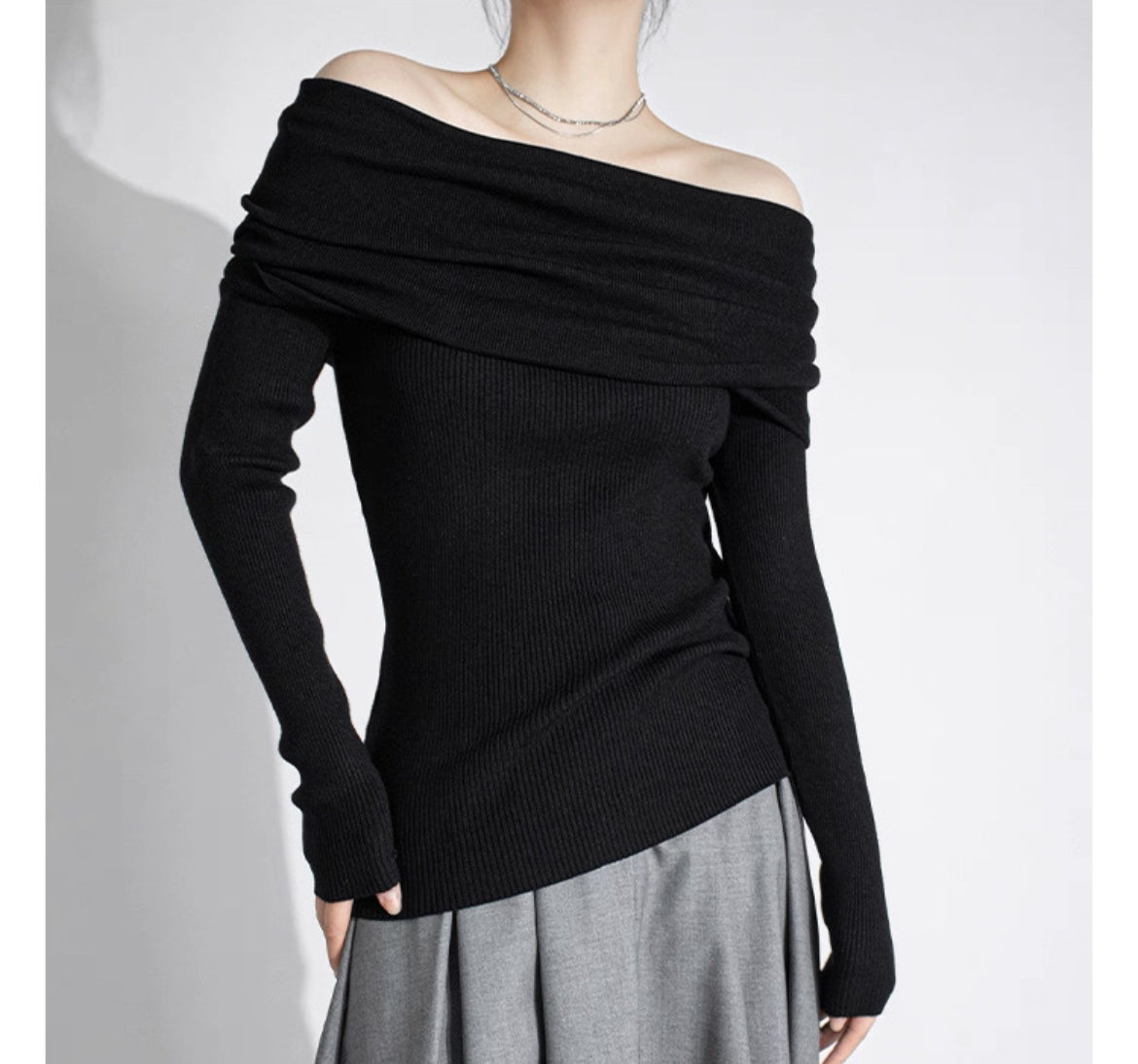 【Gray最短発送あり】Ribbed Off-Shoulder Pullover