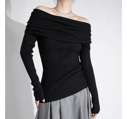 【Gray最短発送あり】Ribbed Off-Shoulder Pullover