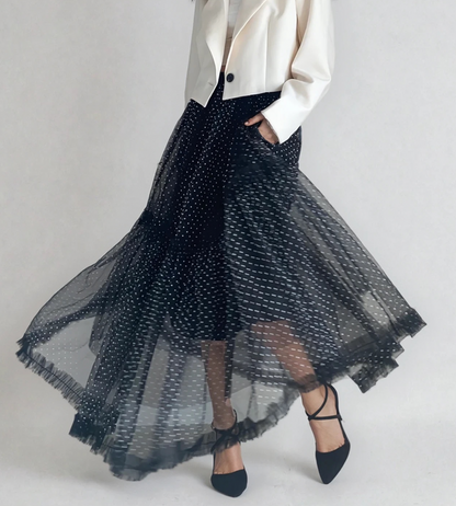 【Elegant Dot Tulle Layered Long Skirt】
