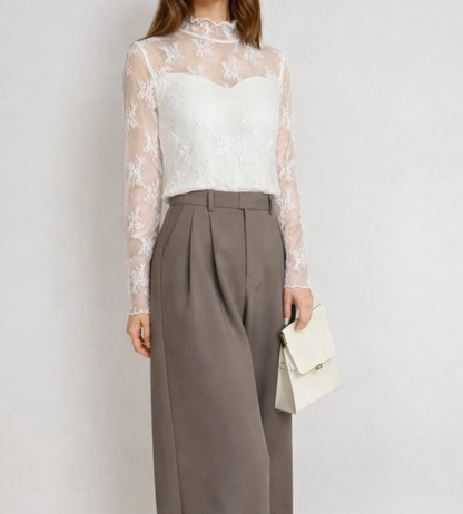 Elegant Sheer Lace High-Neck Top(裏起毛)