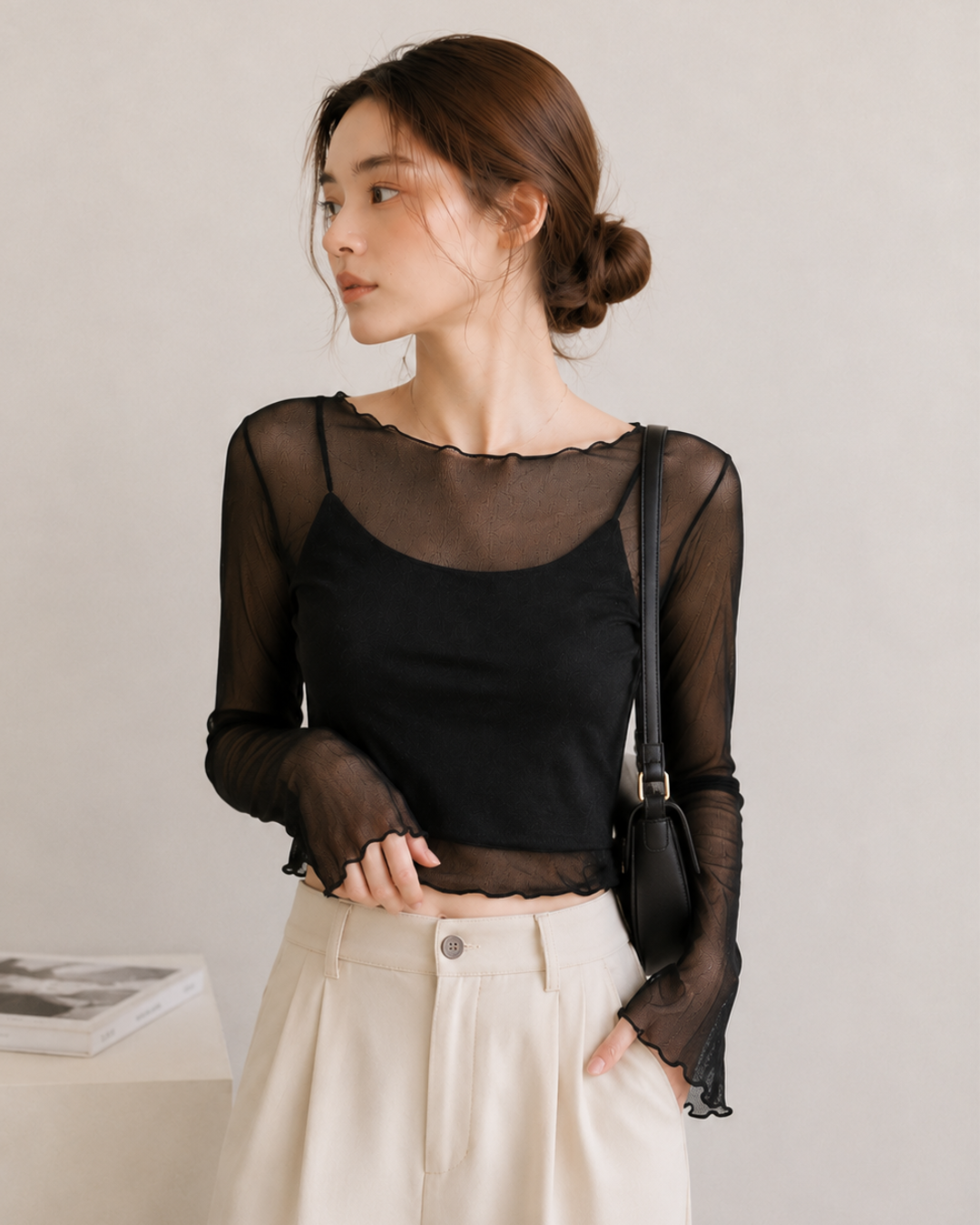 【Sheer Layered Long Sleeve Top Set】