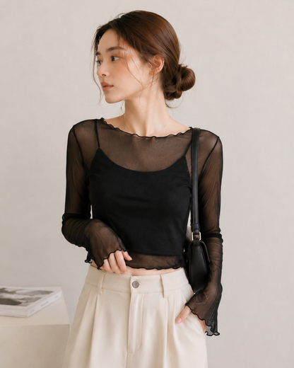 【Sheer Layered Long Sleeve Top Set】