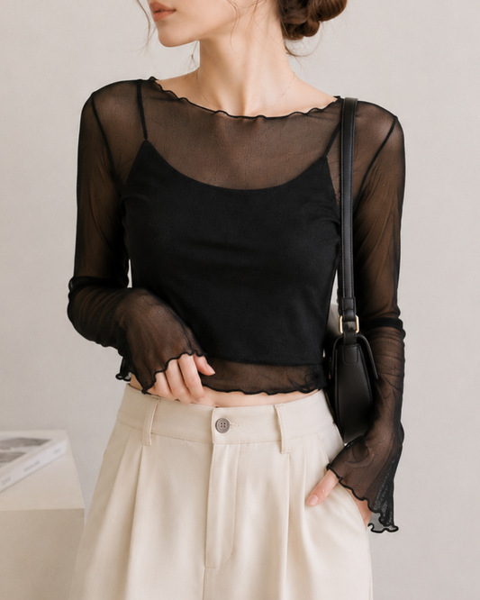 【Sheer Layered Long Sleeve Top Set】