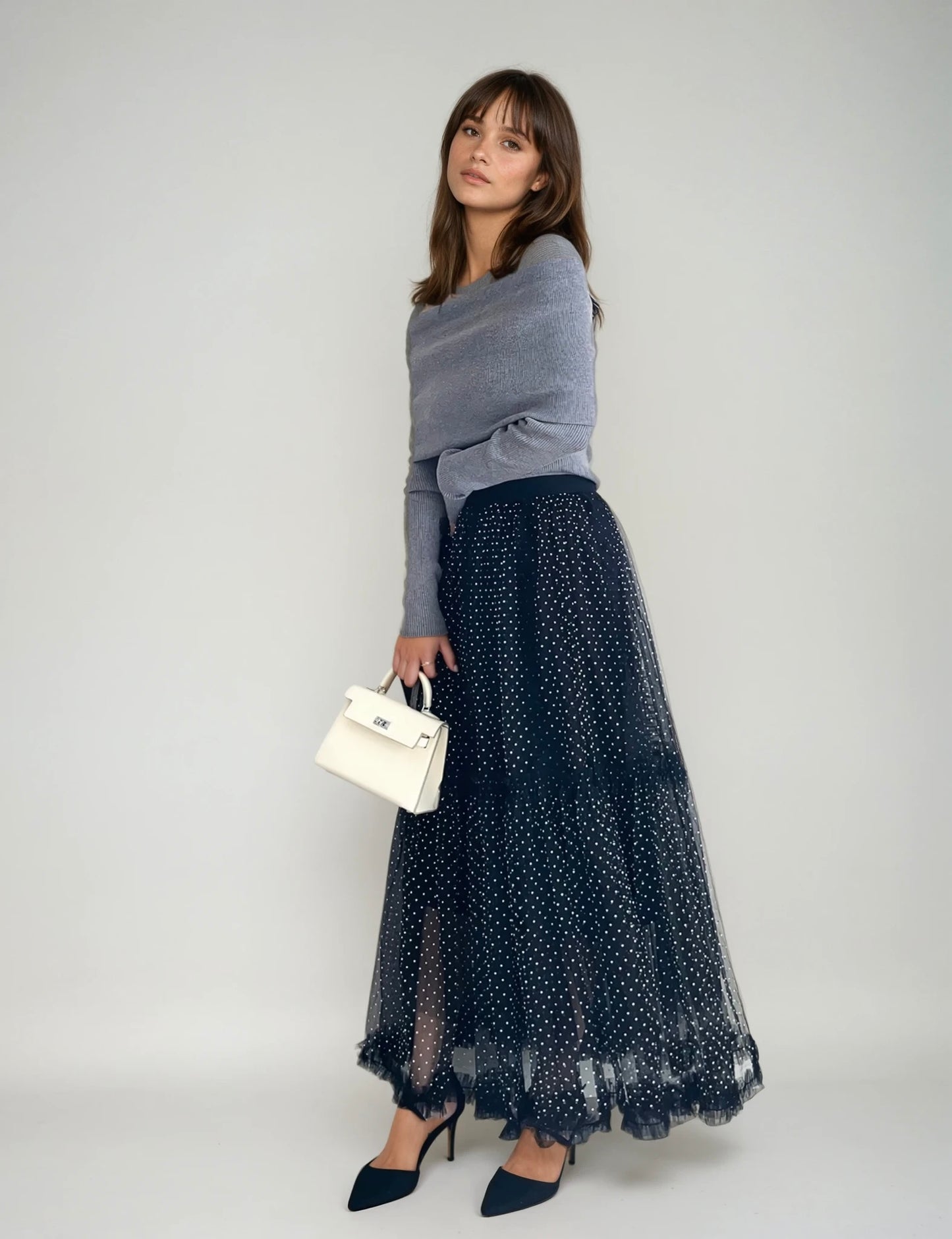 【Elegant Dot Tulle Layered Long Skirt】