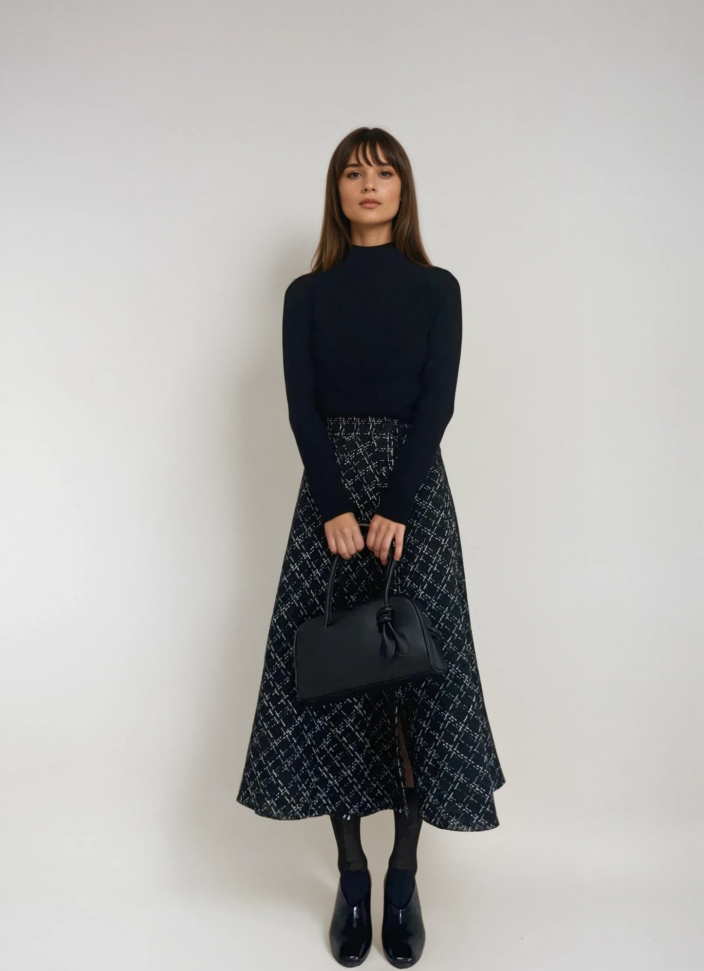 【2点SET】Fringe Tweed Flare Skirt × Soft Touch High Neck Knit