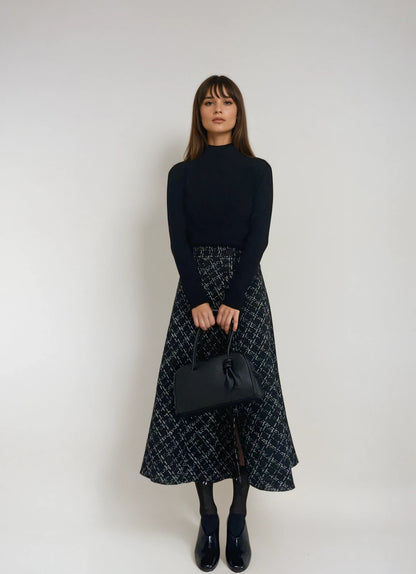 【2点SET】Fringe Tweed Flare Skirt × Soft Touch High Neck Knit