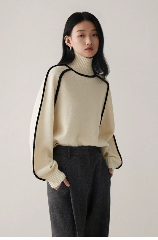 ラインデザインタートルニットトップス