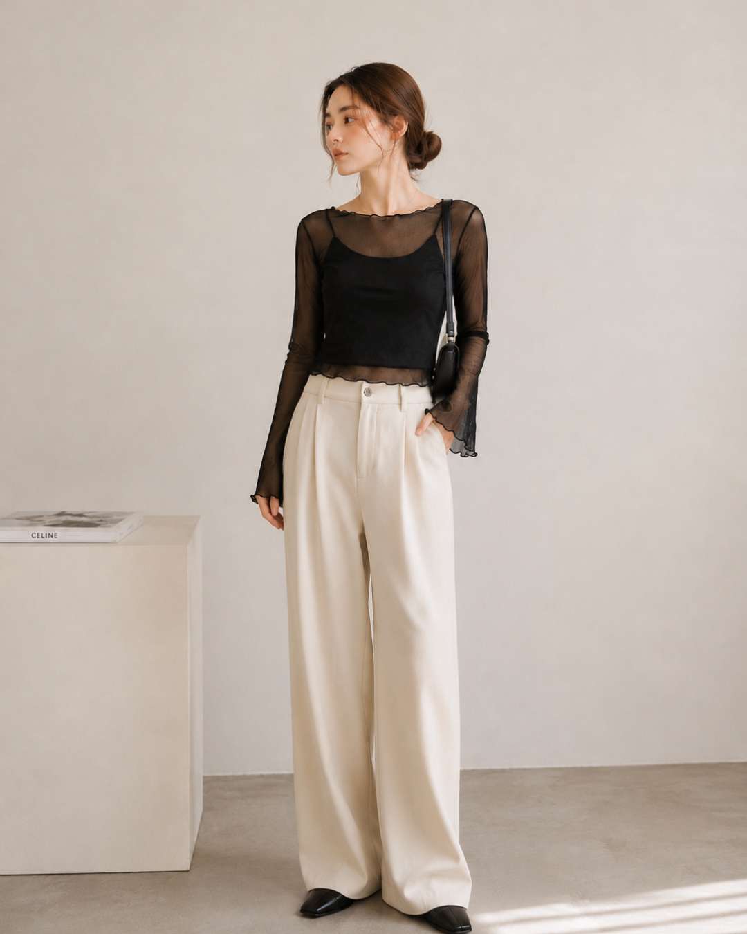 【Sheer Layered Long Sleeve Top Set】