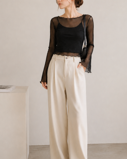 【Sheer Layered Long Sleeve Top Set】