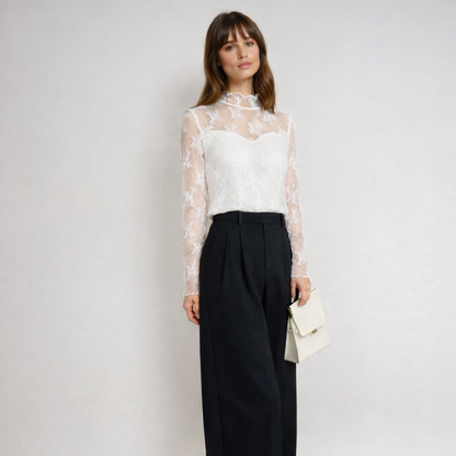 Elegant Sheer Lace High-Neck Top(裏起毛)