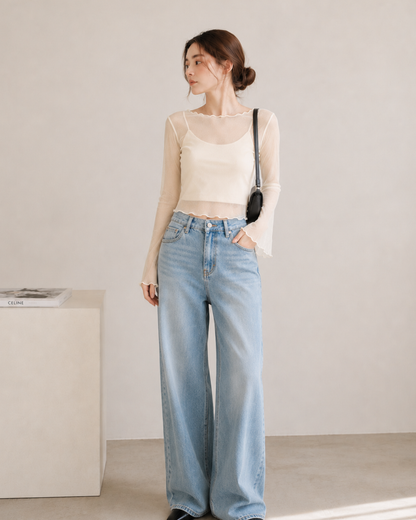 【Sheer Layered Long Sleeve Top Set】