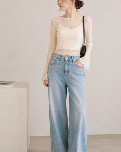 【Sheer Layered Long Sleeve Top Set】